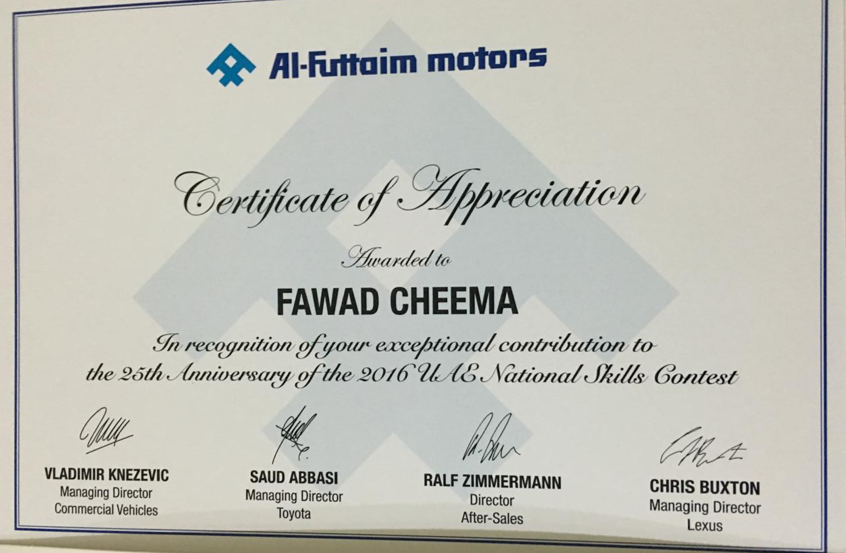 Al-Futtaim Motors Certificate
